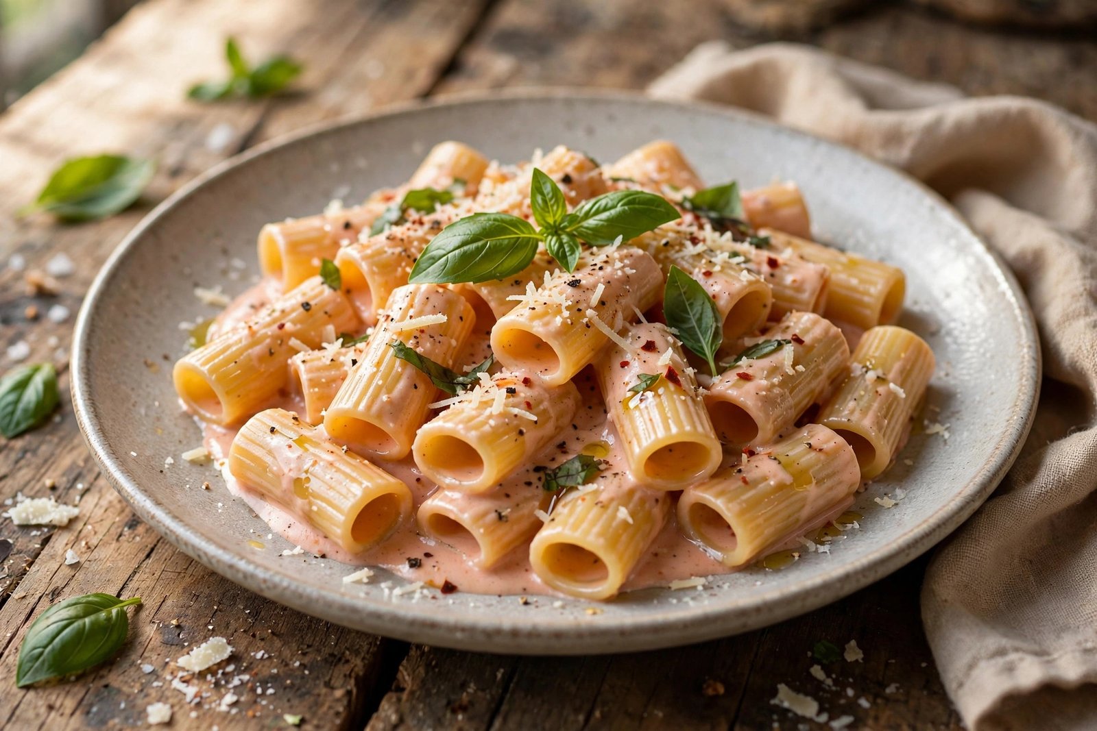 Rigatoni alla Vodka served beautifully, ready to eat