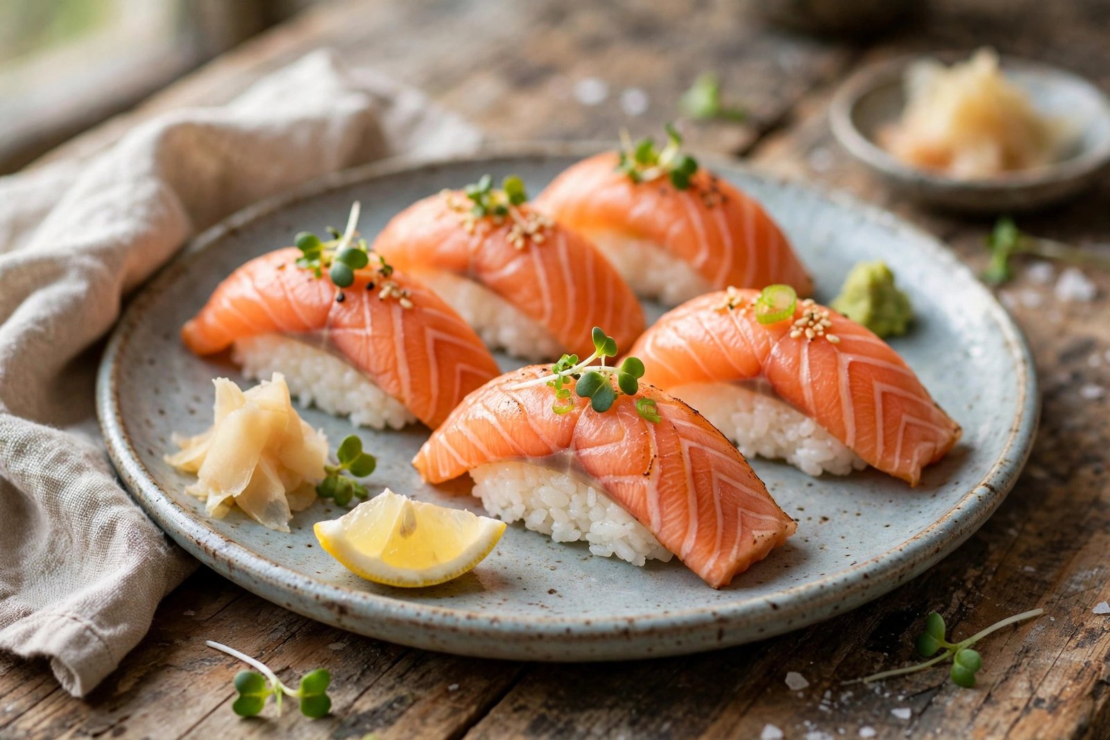 Salmon Nigiri served beautifully, ready to eat