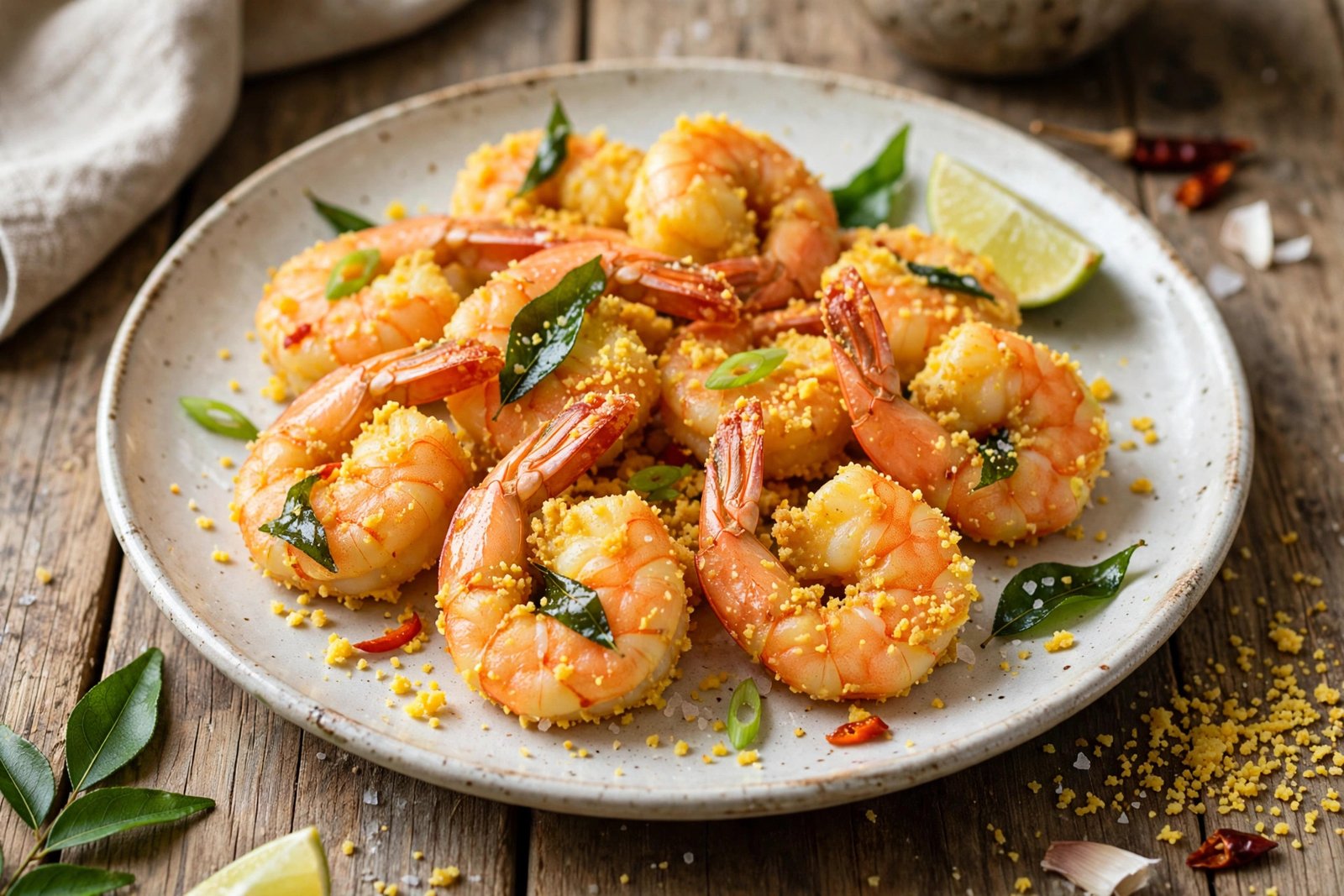 Salted Egg Yolk Shrimp served beautifully, ready to eat