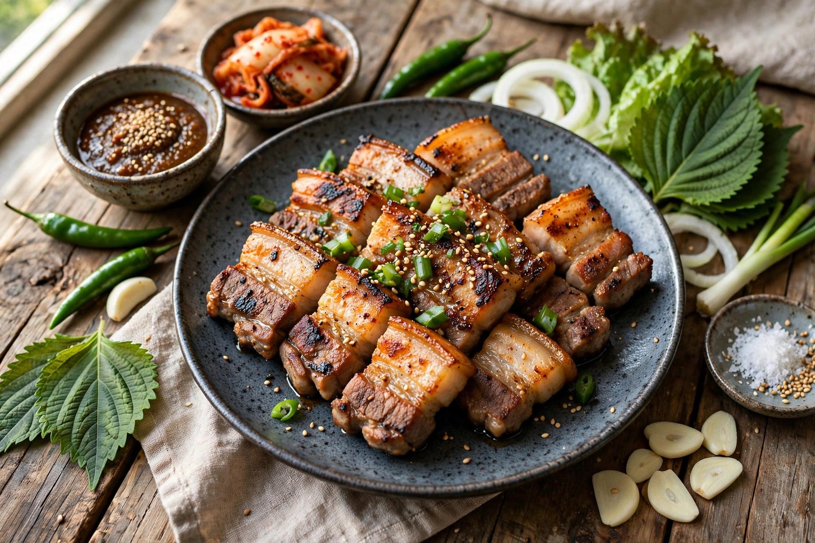 Samgyeopsal served beautifully, ready to eat