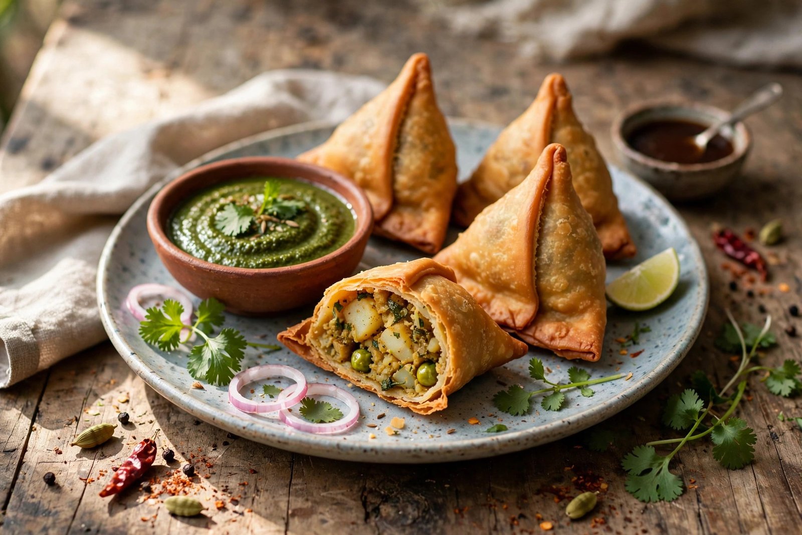 Samosa served beautifully, ready to eat