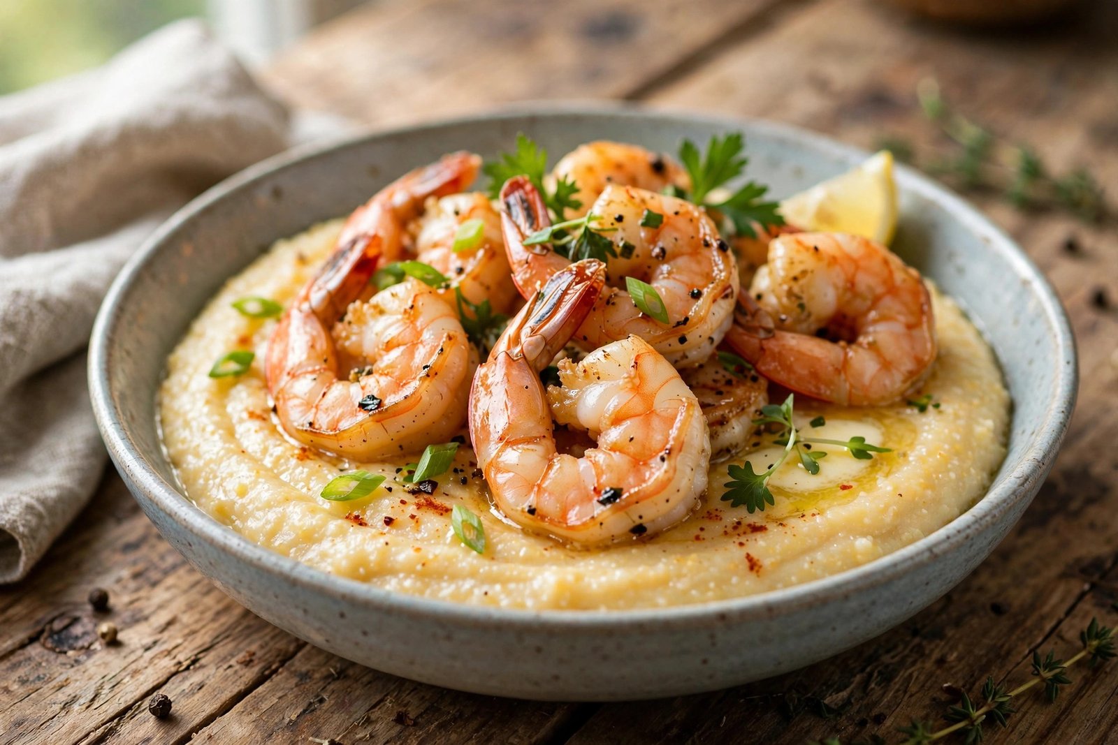 Shrimp and Grits served beautifully, ready to eat