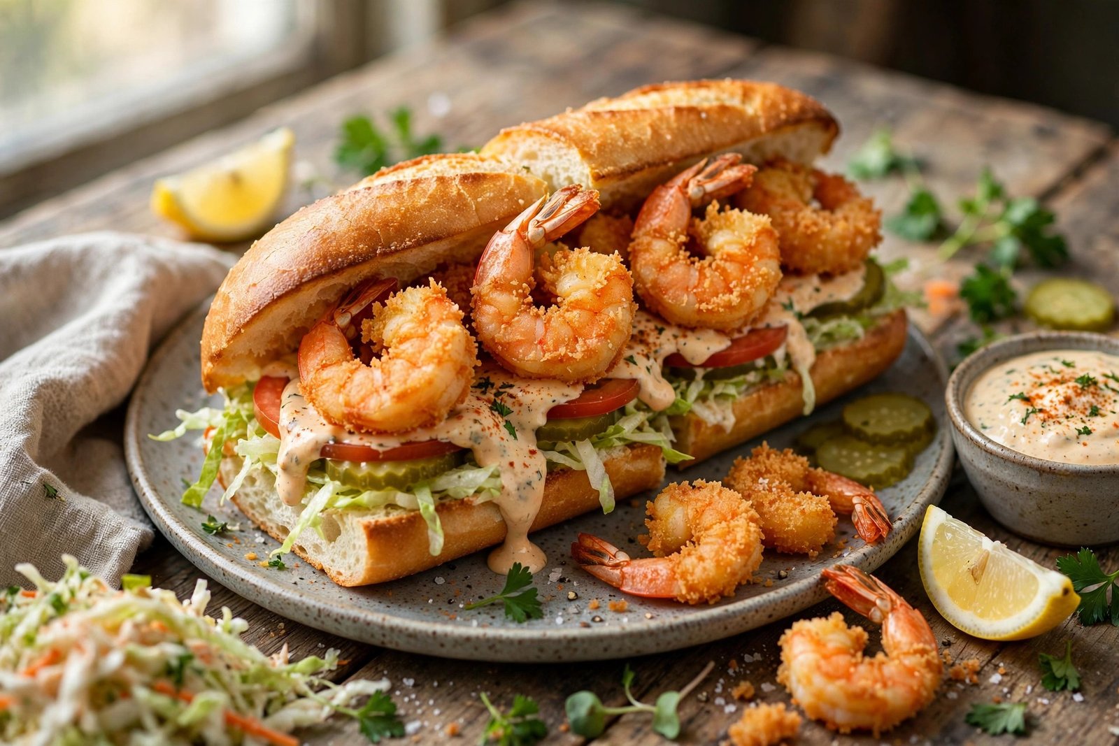 Shrimp Po' Boy served beautifully, ready to eat