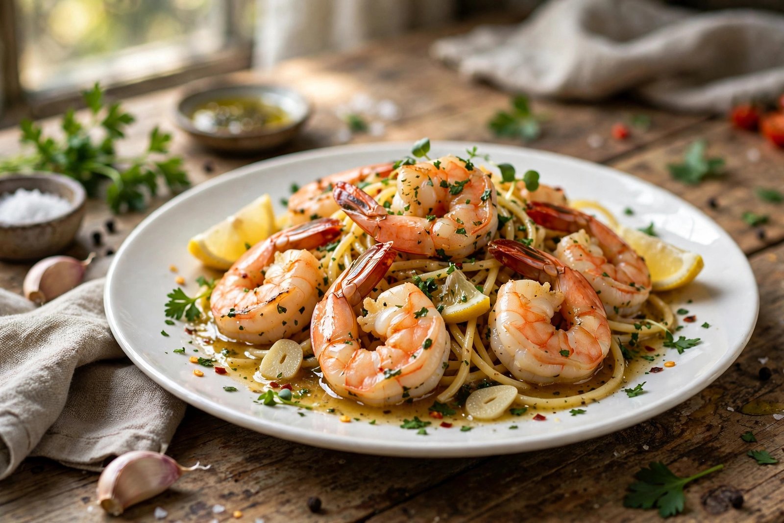 Shrimp Scampi served beautifully, ready to eat