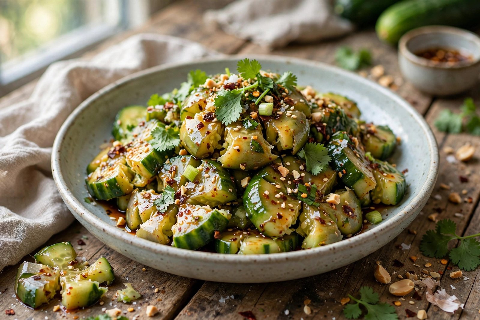 Smashed Cucumber Salad served beautifully, ready to eat