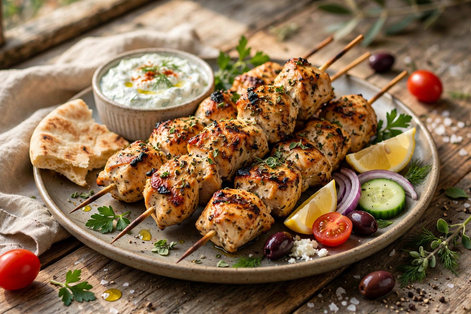 Chicken Souvlaki served beautifully, ready to eat