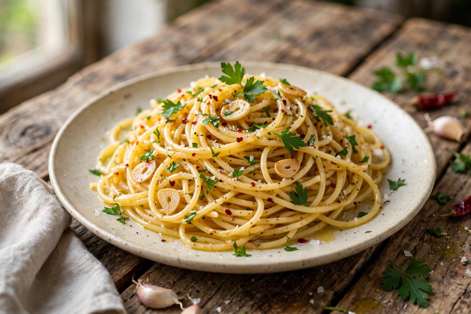Spaghetti Aglio e Olio served beautifully, ready to eat