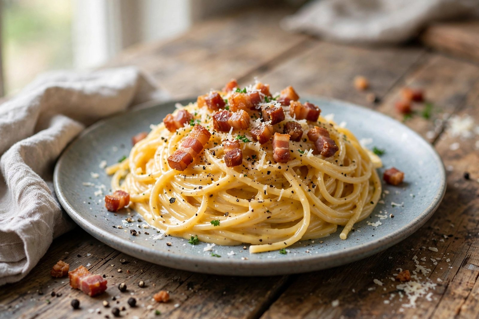 Spaghetti Carbonara served beautifully, ready to eat