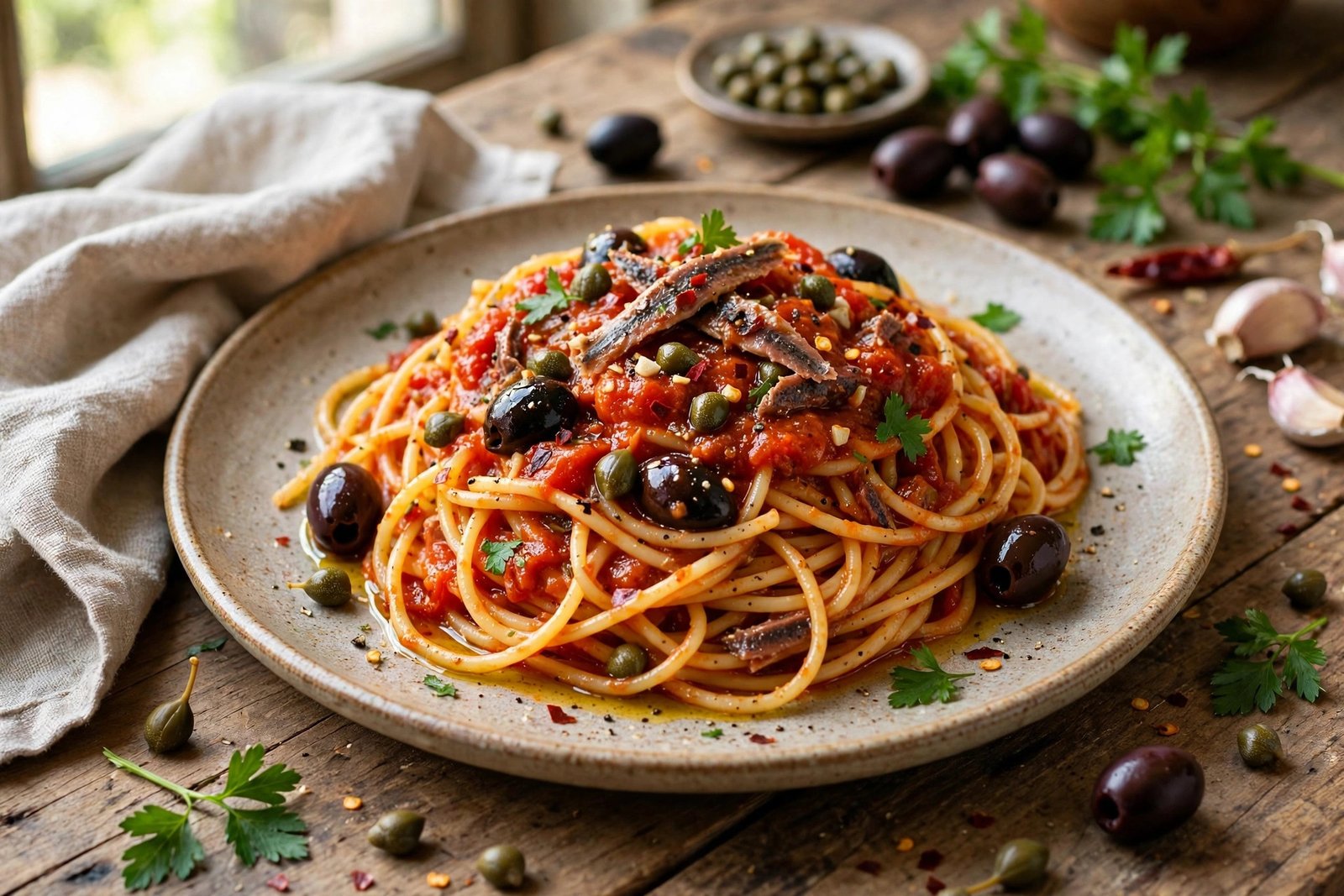 Spaghetti alla Puttanesca served beautifully, ready to eat