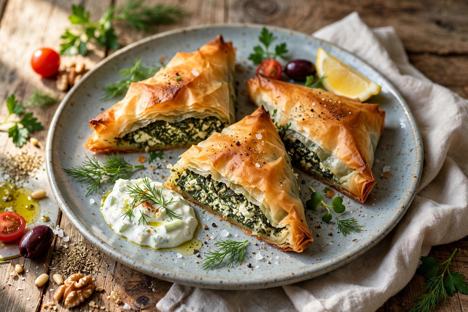 Spanakopita served beautifully, ready to eat
