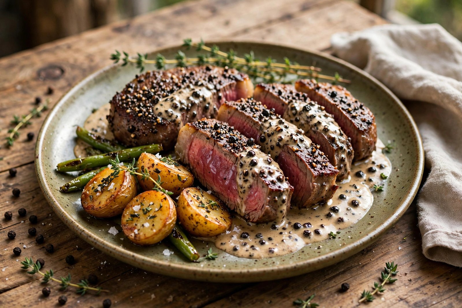 Steak au Poivre served beautifully, ready to eat