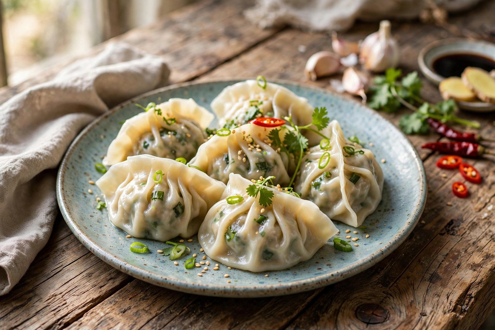 Steamed Dumplings served beautifully, ready to eat