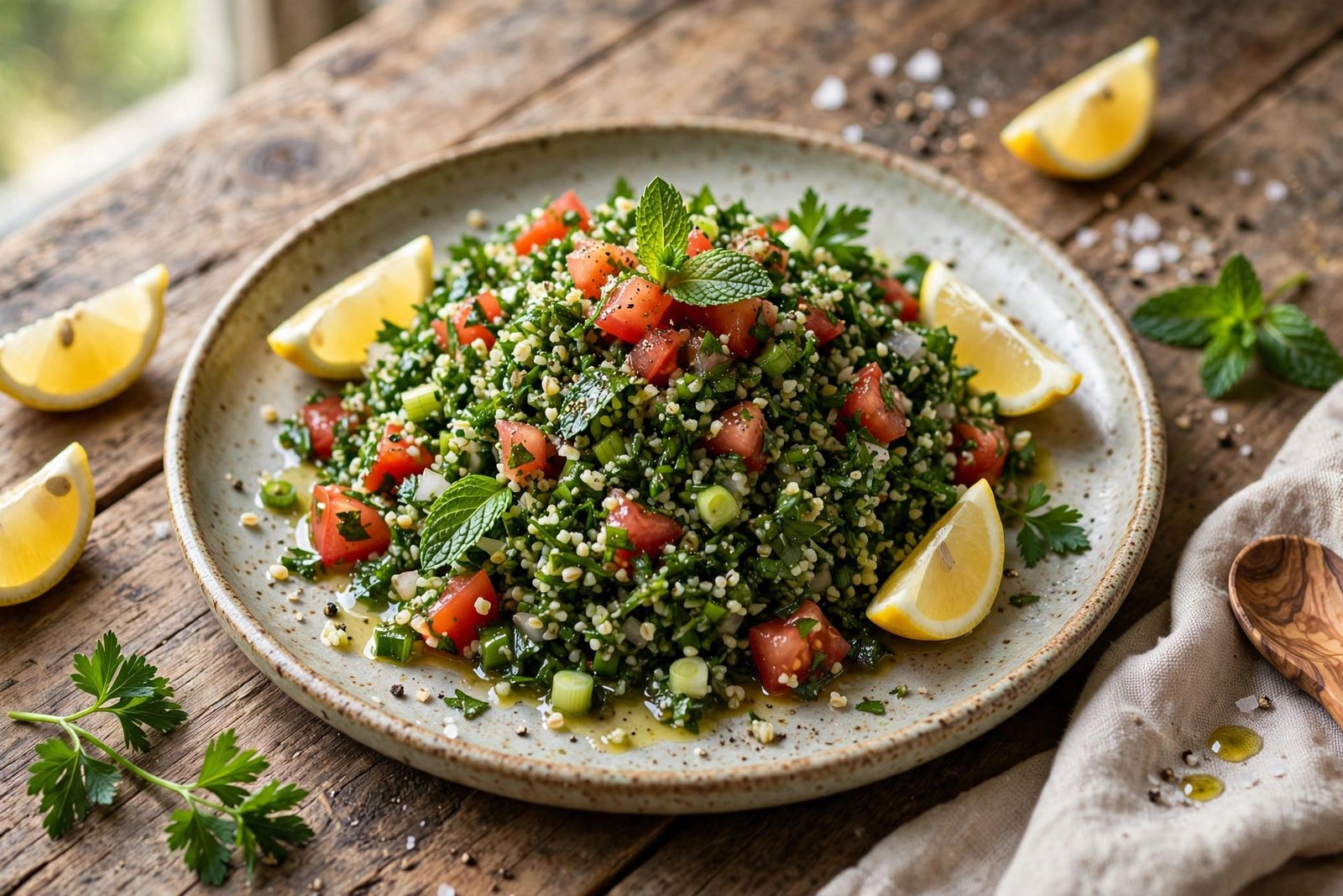 Tabbouleh served beautifully, ready to eat