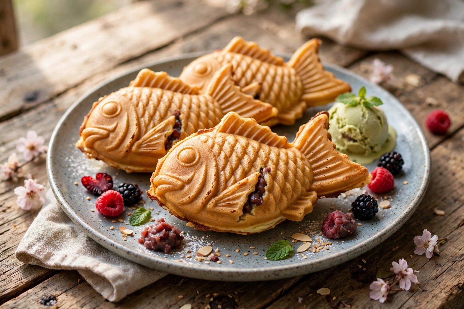 Taiyaki served beautifully, ready to eat