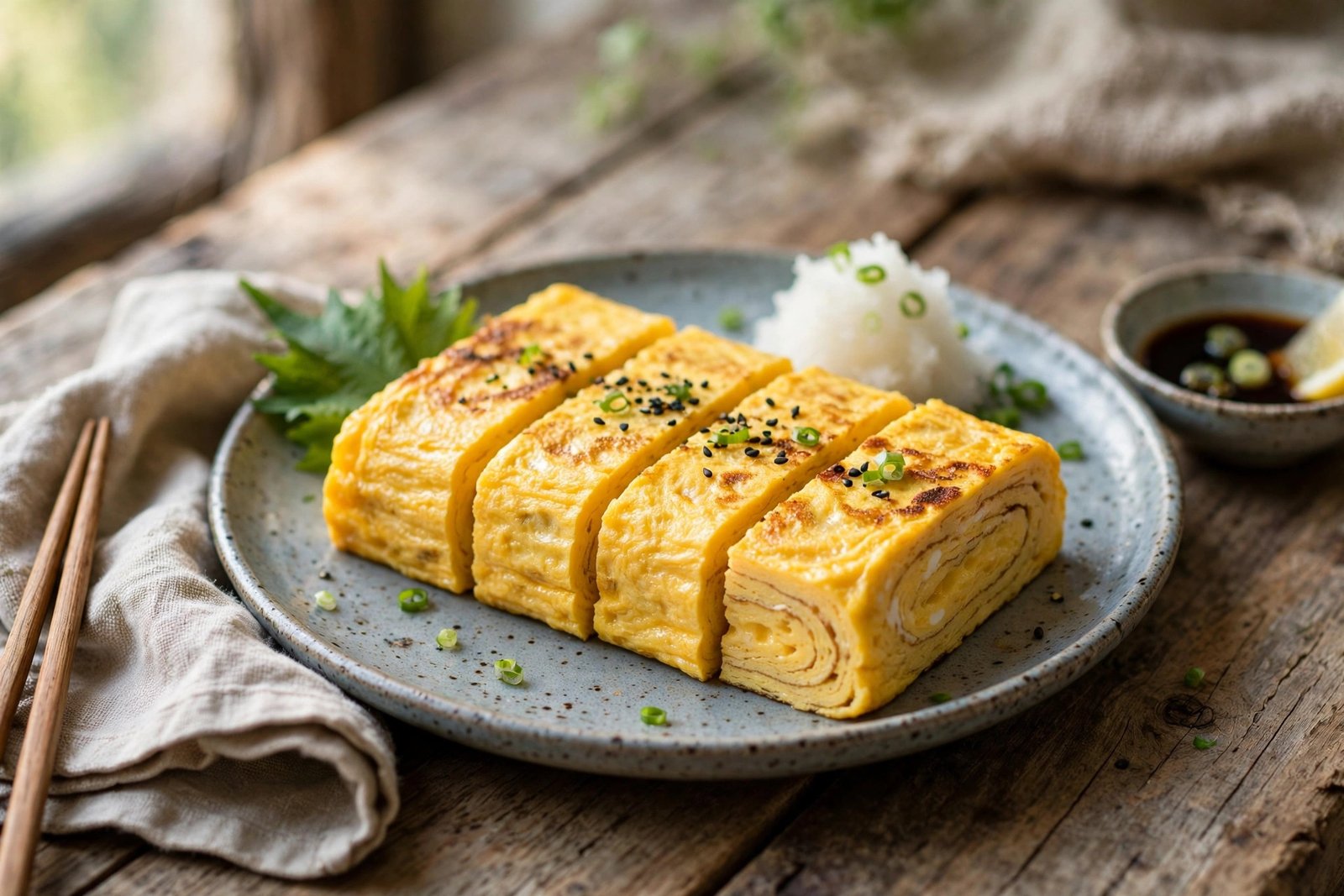 Tamagoyaki served beautifully, ready to eat