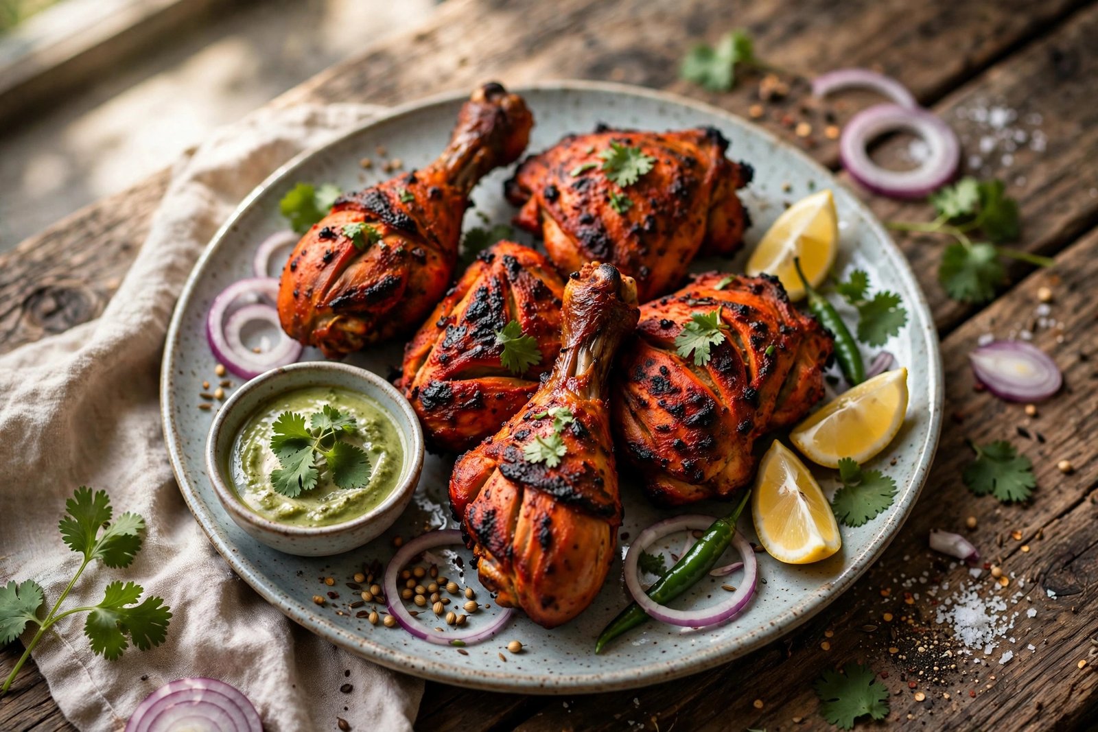 Tandoori Chicken served beautifully, ready to eat