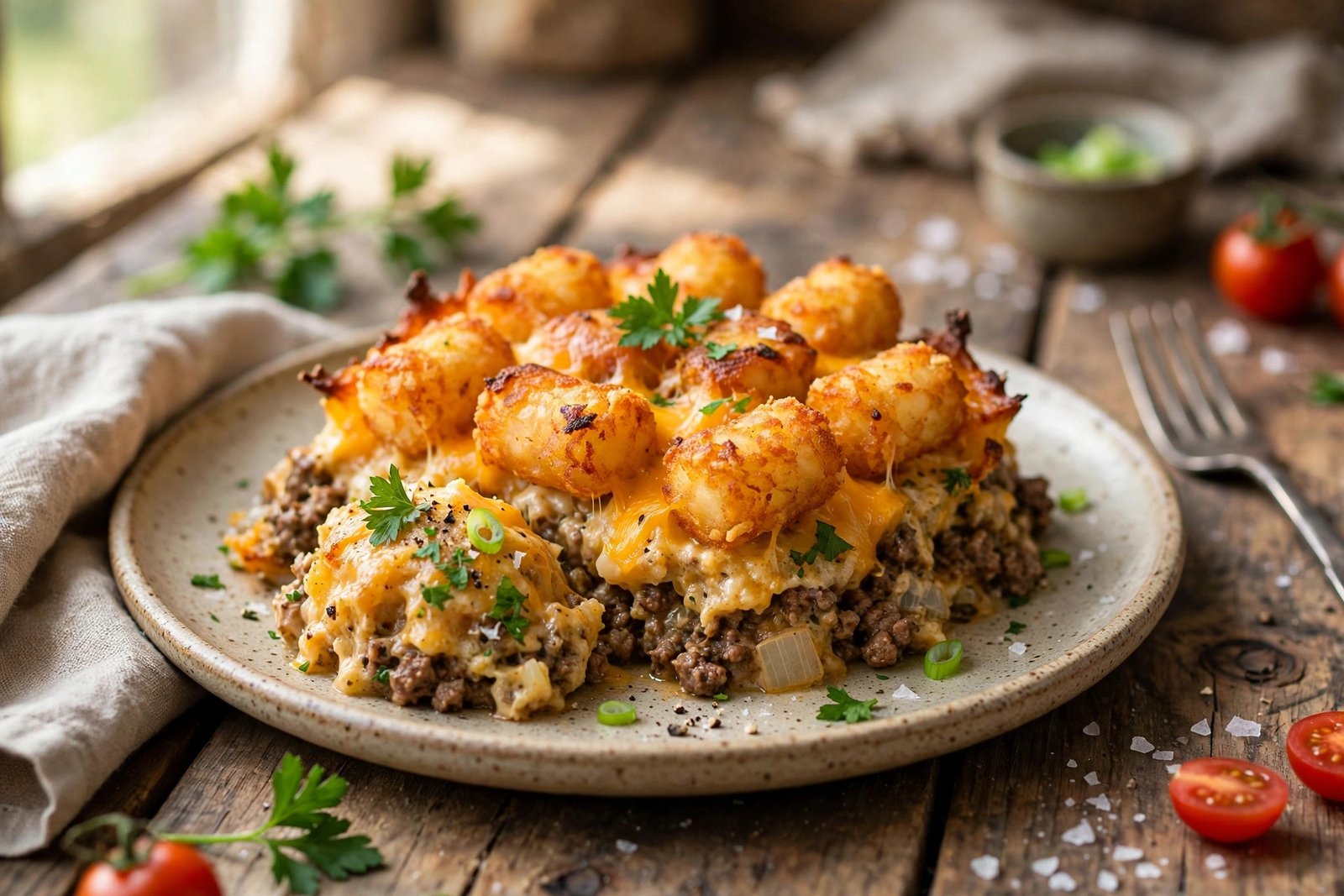 Tater Tot Casserole served beautifully, ready to eat