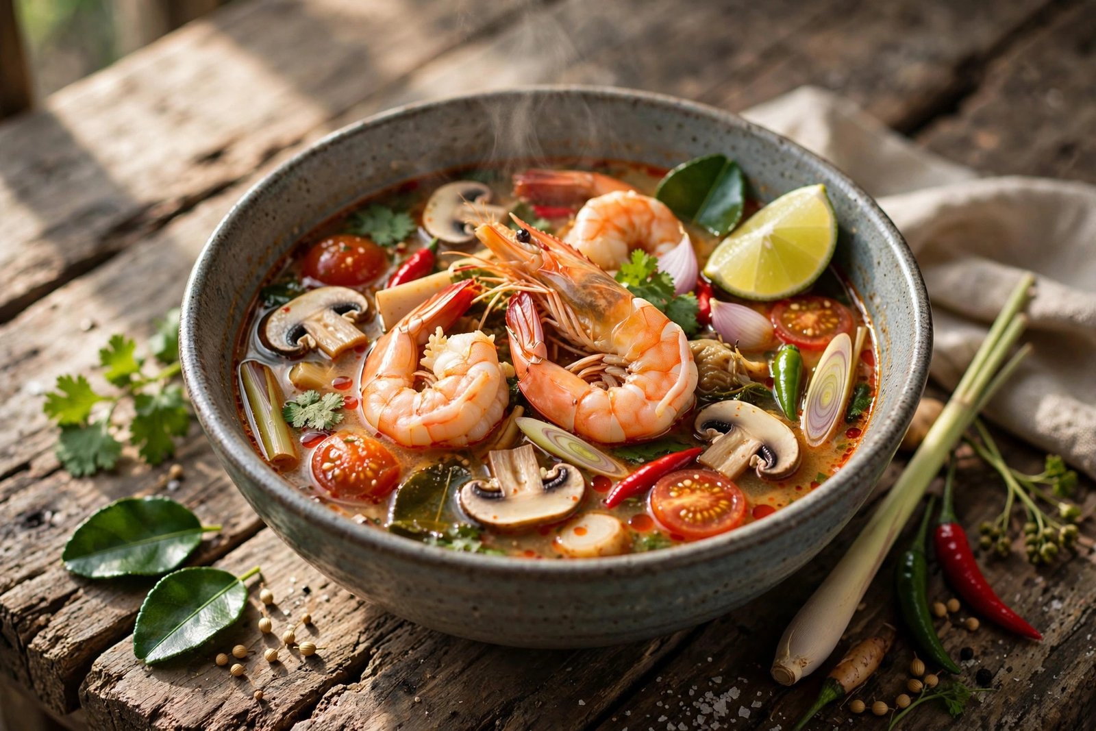 Tom Yum Goong served beautifully, ready to eat