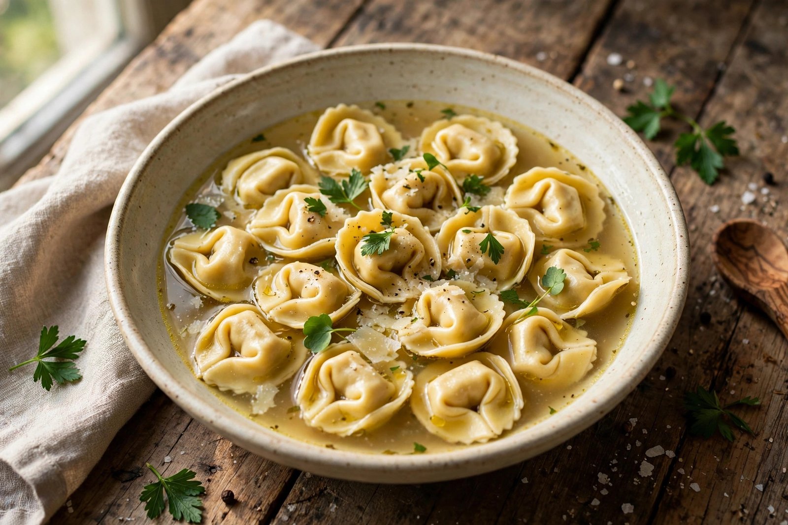 Tortellini in Brodo served beautifully, ready to eat