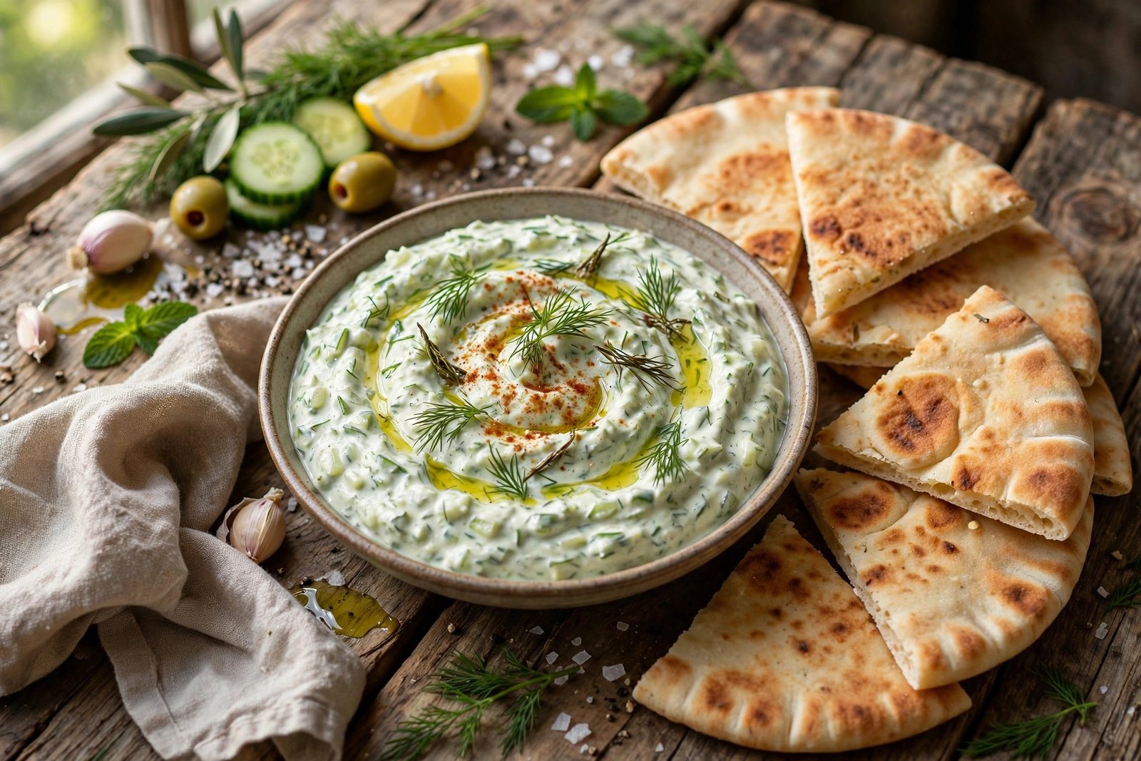Tzatziki with Pita served beautifully, ready to eat