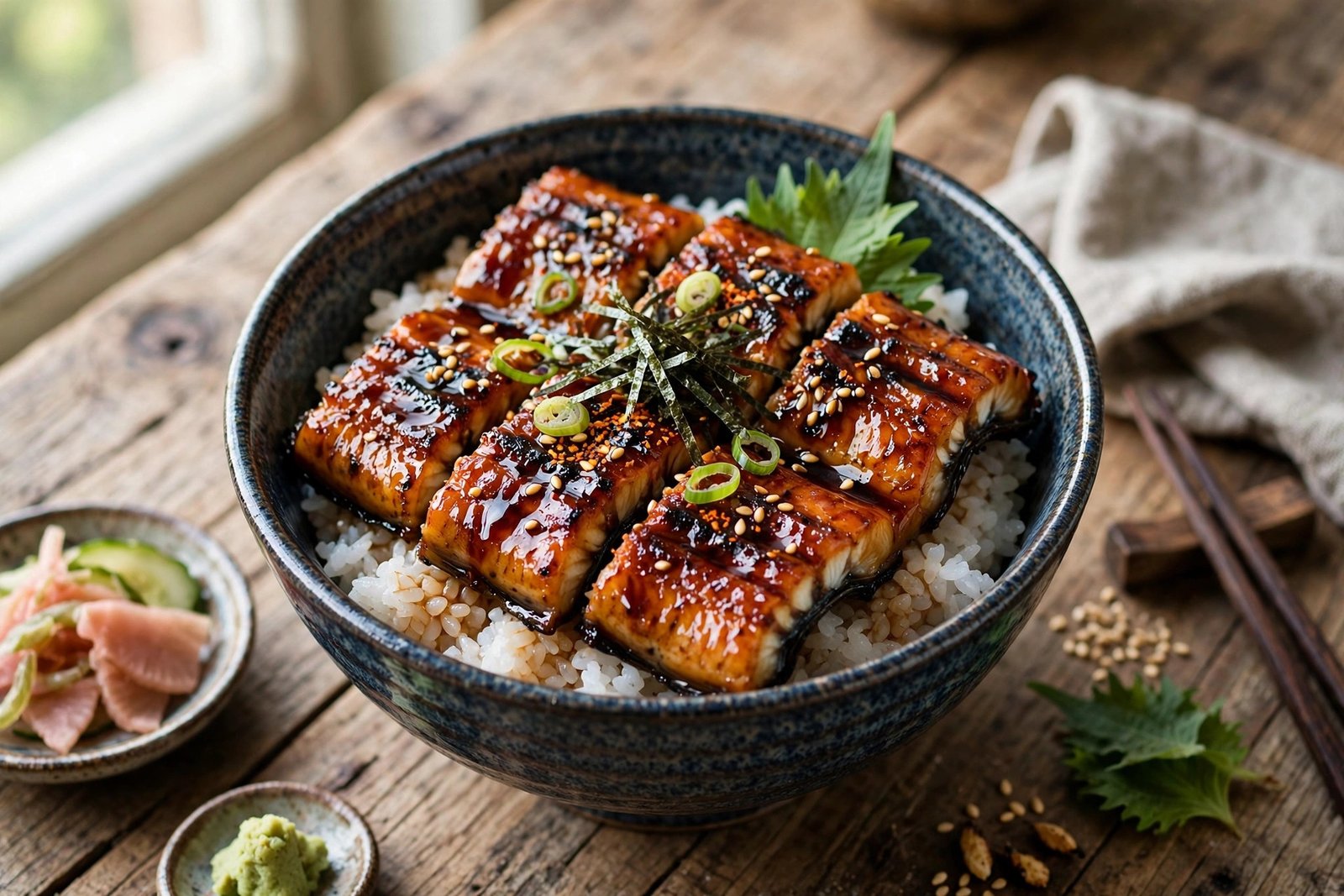 Unagi Donburi served beautifully, ready to eat