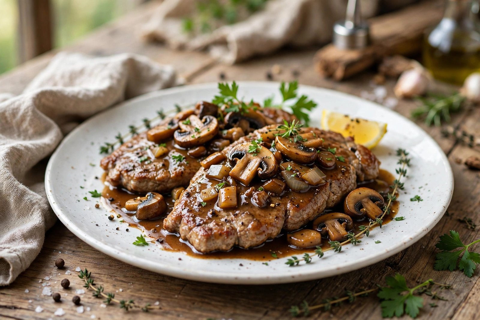Veal Marsala served beautifully, ready to eat