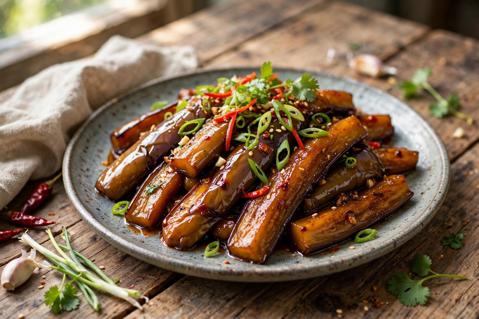 Yu Xiang Eggplant served beautifully, ready to eat